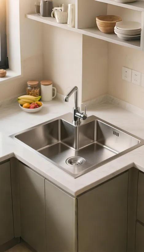 Modern kitchen with rectangular stainless steel sink embedded in white countertop with wooden cabinets below, silver faucet, and kitchen items including plates and bottles